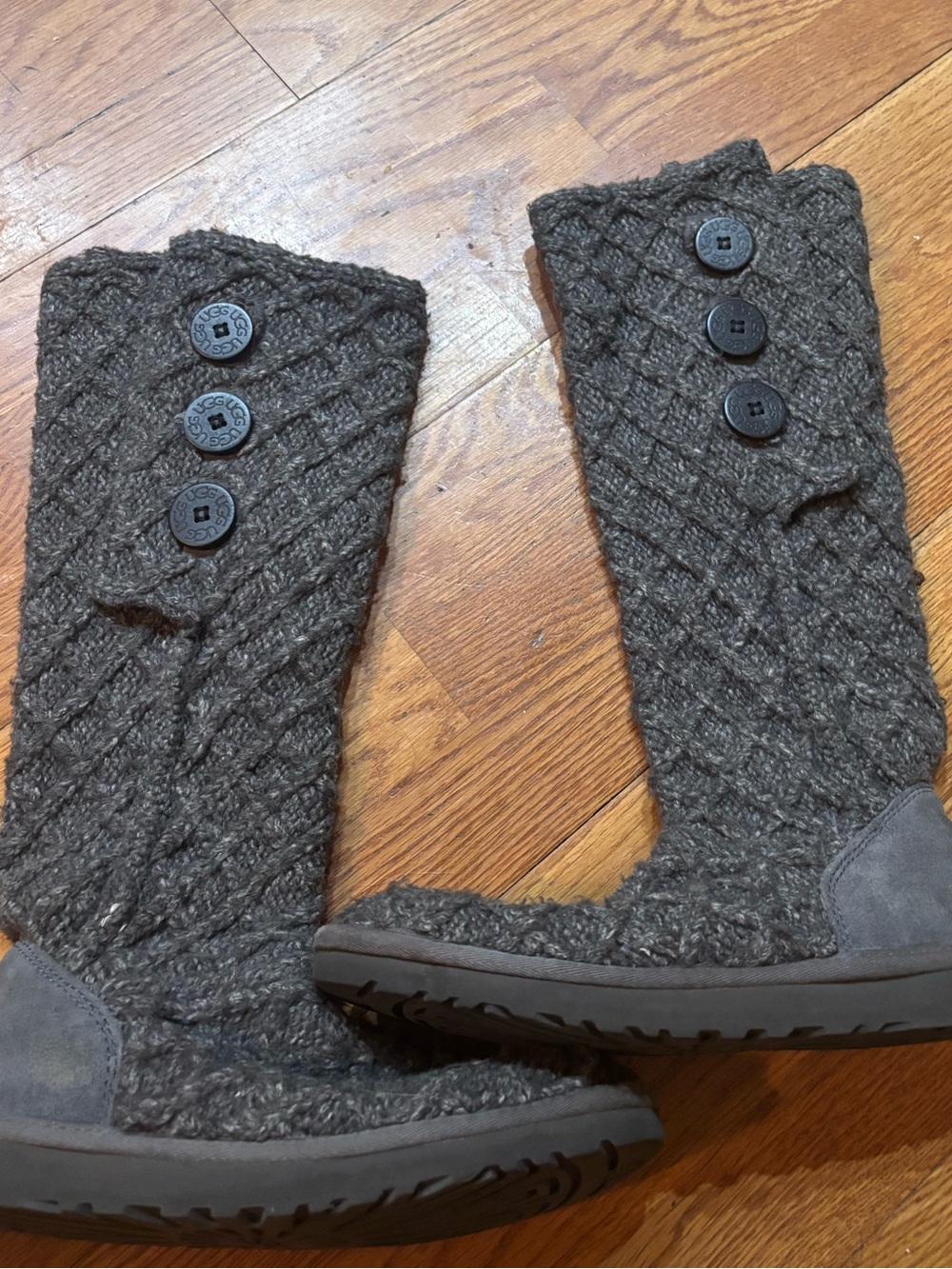 UGG Lattice Cardy Gray Knit Button Mid-Calf Heeled Boots